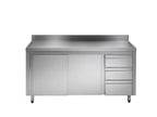 Armoire de travail en acier inoxydable ECO avec portes battantes et 3 tiroirs 12x6 avec dosseret