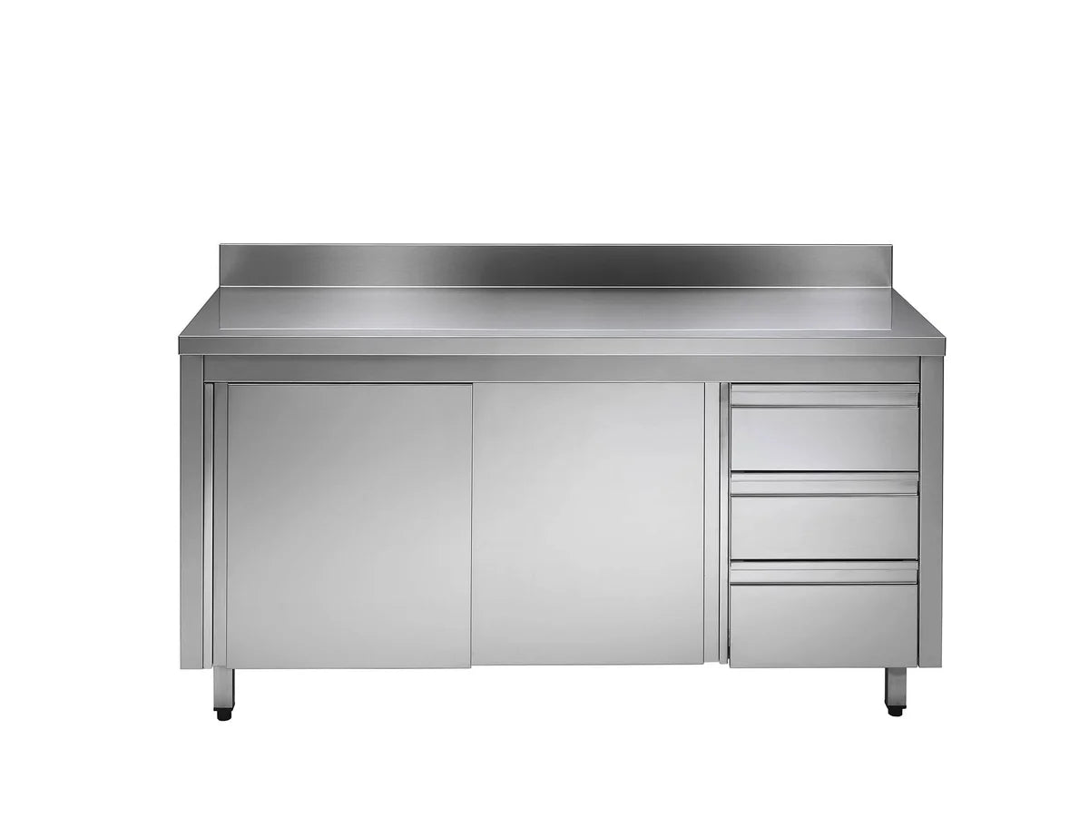 Armoire de travail en acier inoxydable ECO avec portes battantes et 3 tiroirs 12x6 avec dosseret