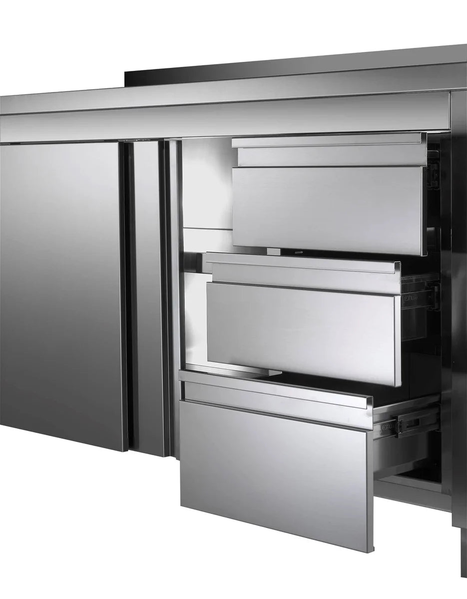 Armoire de travail en acier inoxydable ECO avec portes coulissantes et 3 tiroirs 18x6 avec dosseret