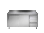 Armoire de travail en acier inoxydable ECO avec porte coulissante et 3 tiroirs 18x7 avec dosseret