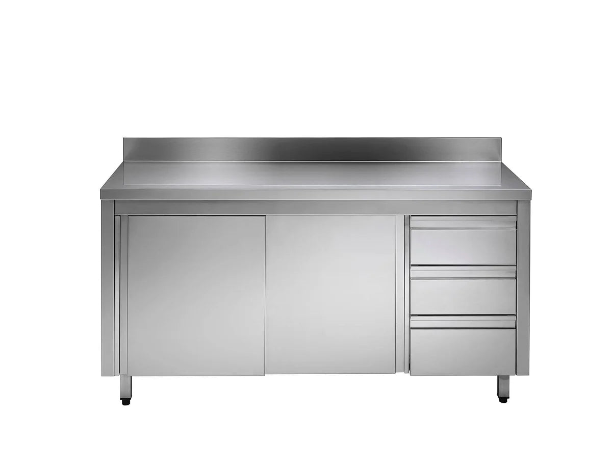 Armoire de travail en acier inoxydable ECO avec porte coulissante et 3 tiroirs 18x7 avec dosseret