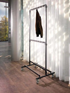 Feros Porte-manteaux petit avec 48 crochets, en acier noir, sur roulettes, extensible