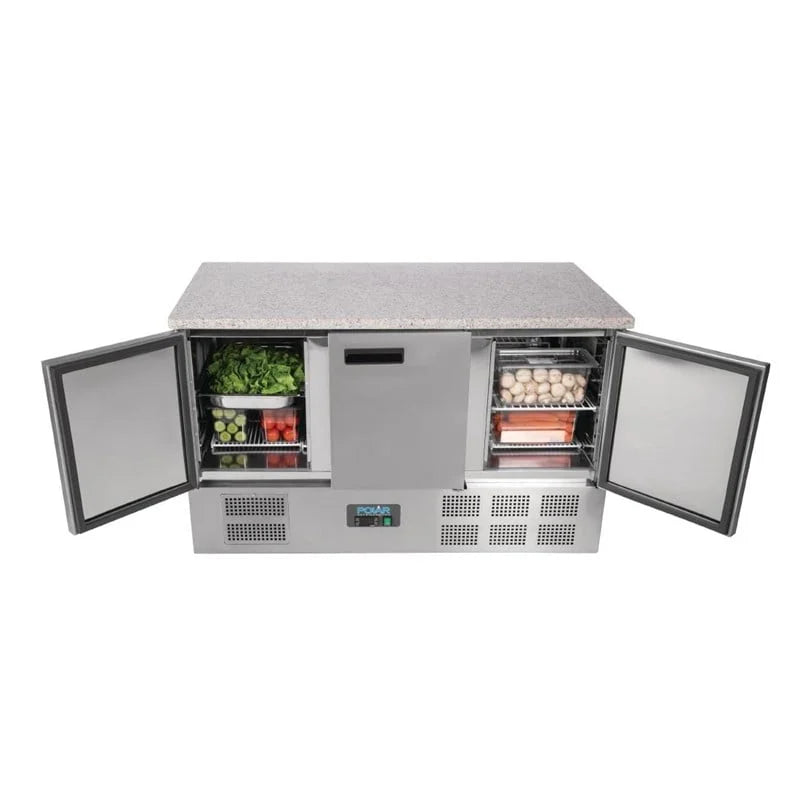 Polar Série G Table réfrigérée avec plan de travail en marbre 3 portes 368 Ltr