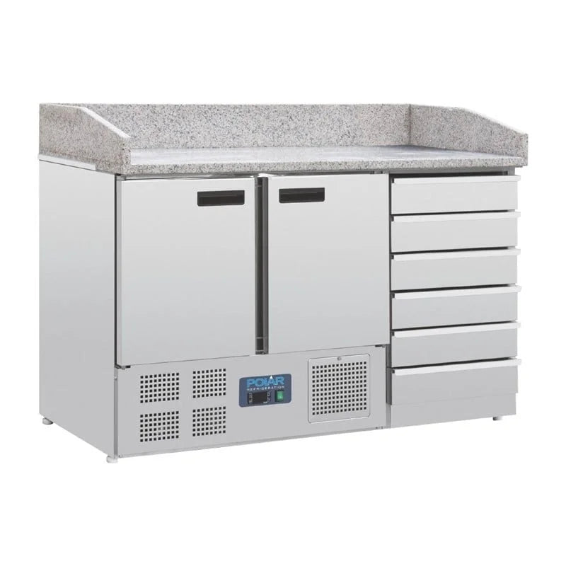 Table réfrigérée à pizza Polar Série G 2 portes avec plan de travail en marbre et 6 tiroirs 257L
