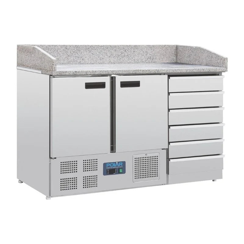 Table réfrigérée à pizza Polar Série G 2 portes avec plan de travail en marbre et 6 tiroirs 257L