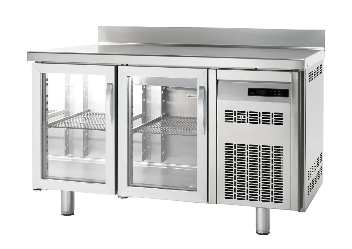 Table réfrigérée boulangerie Premium 2/0 avec dosseret et portes vitrées