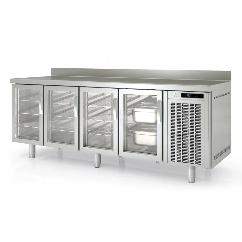 Table réfrigérée de boulangerie Premium 4/0 avec dosseret et portes vitrées
