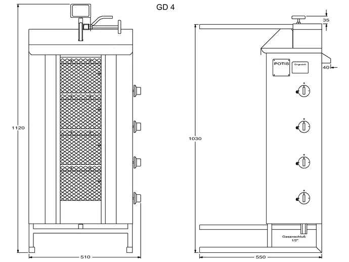 Potis Grill à döner / grill à gyros gaz propane GD4 - bac à graisse octogonal
