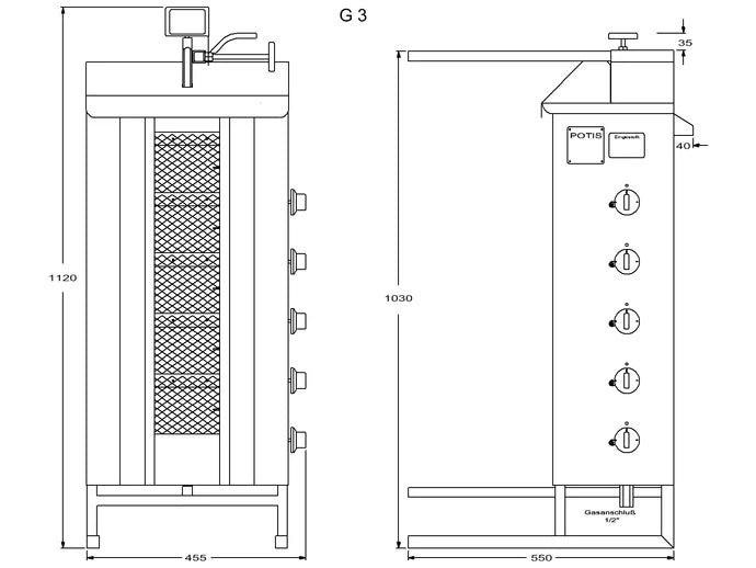 Potis Grill à döner / grill à gyros gaz propane G3 - bac à graisse octogonal