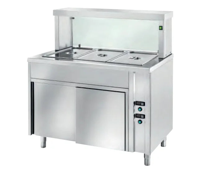 Table de maintien au chaud en libre-service PROFI ventilée avec portes coulissantes et rehausse vitrée angulaire 1200x700x1300 - 3x GN 1/1