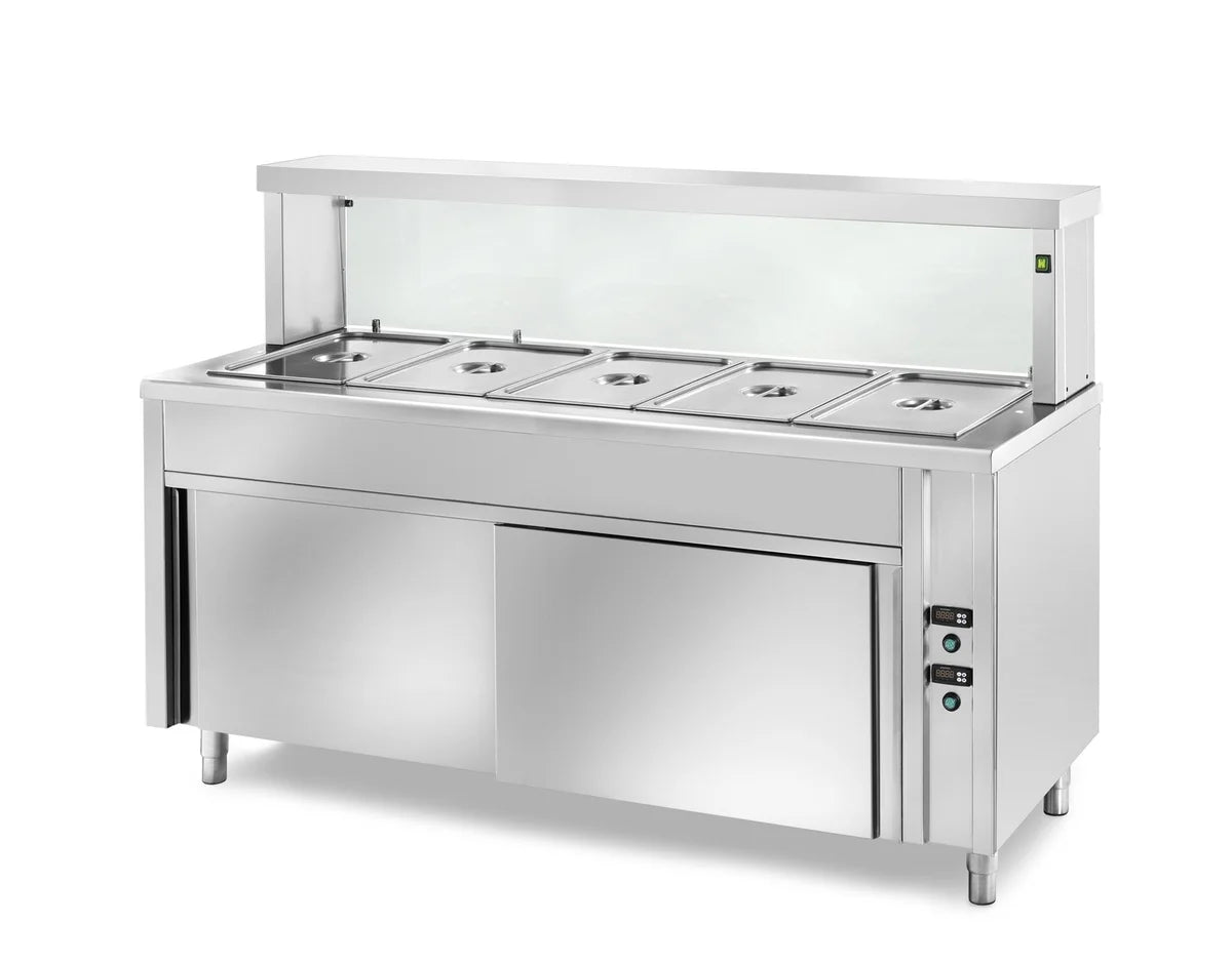 Table de maintien au chaud en libre-service PROFI ventilée avec portes coulissantes et rehausse vitrée angulaire 2000x700x1300 - 5x GN 1/1