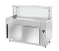 Table de maintien au chaud en libre-service PROFI neutre avec portes coulissantes, plateau supérieur chauffant et rehausse vitrée angulaire 1500x700x1300