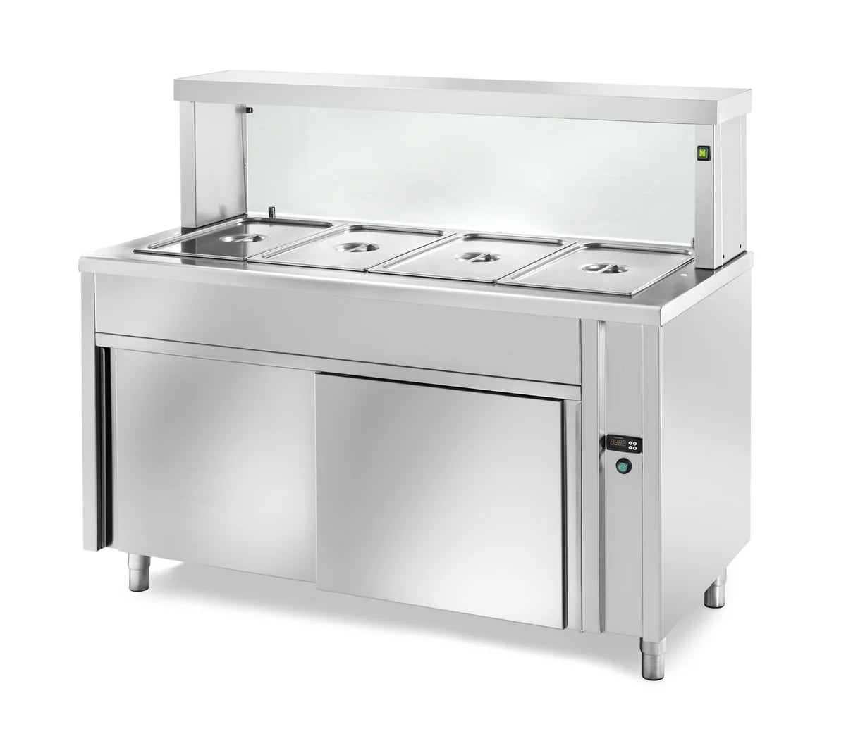 Table de maintien au chaud en libre-service PROFI neutre avec porte battante et rehausse vitrée angulaire 900x700x1300