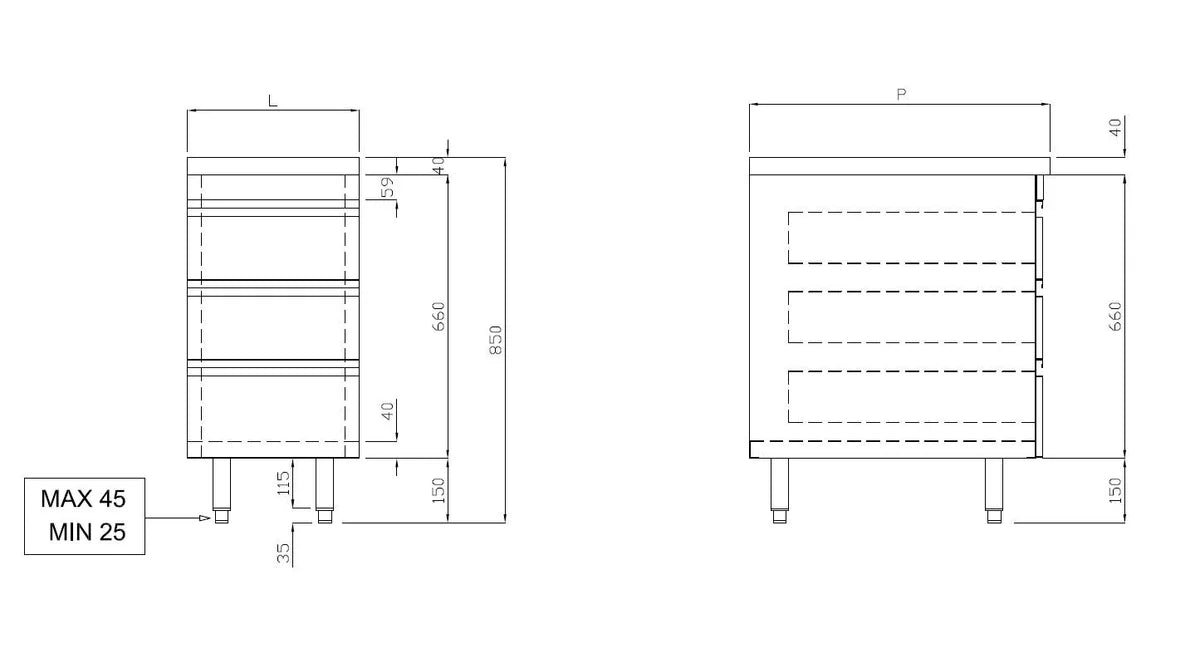 Meuble à tiroirs en inox ECO 3 tiroirs 700
