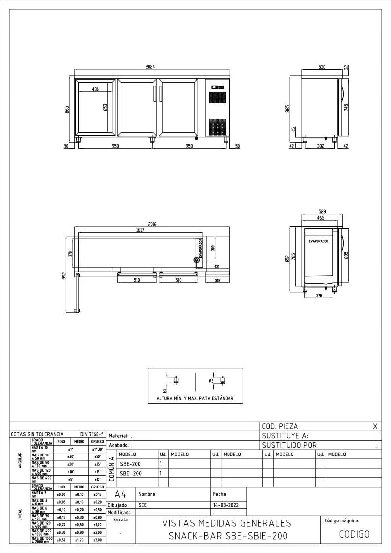 Table réfrigérée de bar Coreco PROFI 3/0G avec 3 portes vitrées