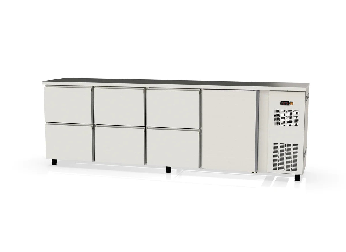 Table réfrigérée de bar Coreco PROFI 1/6 en acier inoxydable avec 1 porte et 6 tiroirs