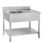 Table de lavage Basic 10x6 avec 1 cuve à gauche, dosseret et étagère inférieure