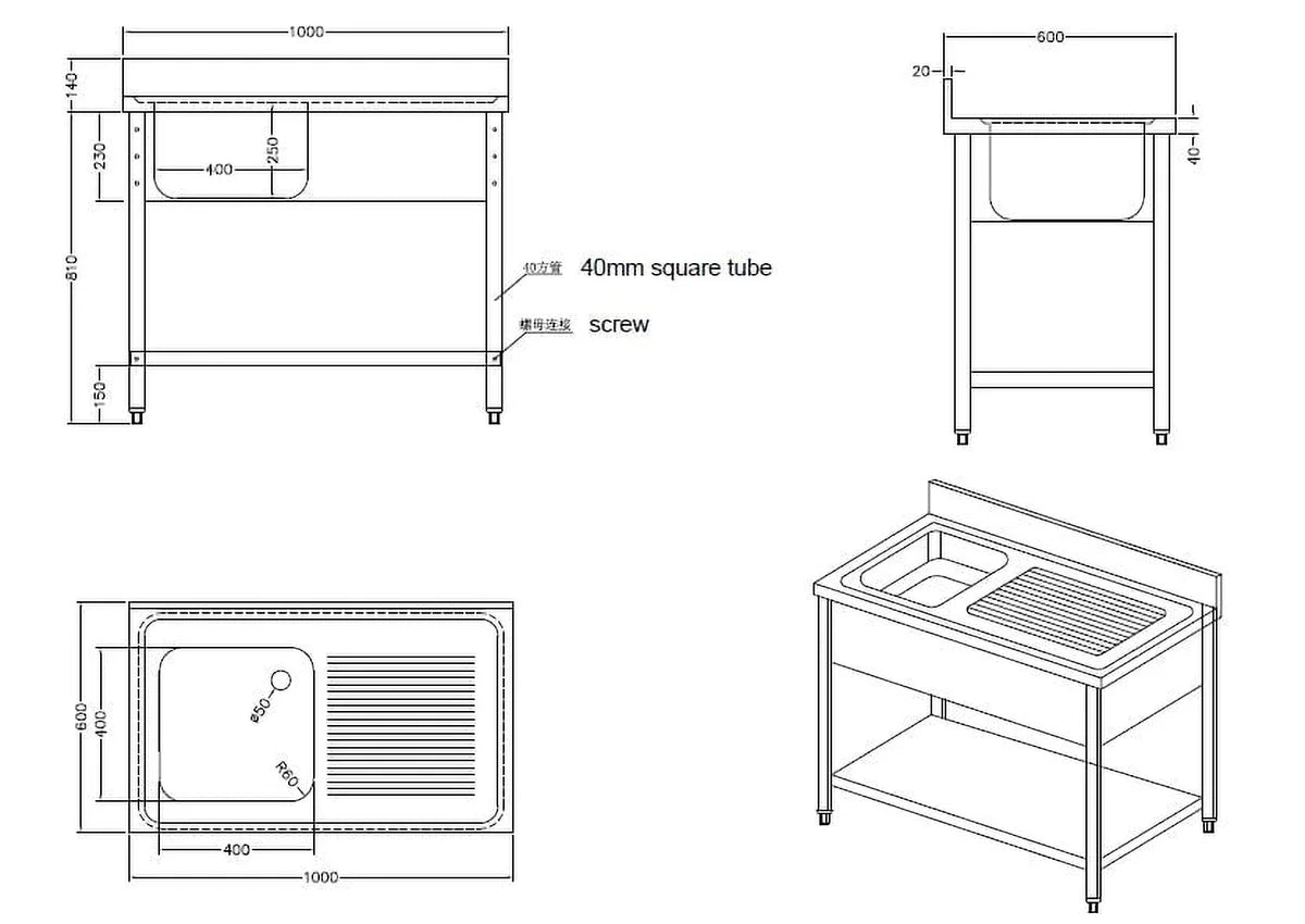 Table de lavage Basic 10x6 avec 1 cuve à gauche, dosseret et tablette inférieure