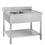 Table de lavage Basic 10x7 avec 1 cuve à gauche, dosseret et étagère inférieure