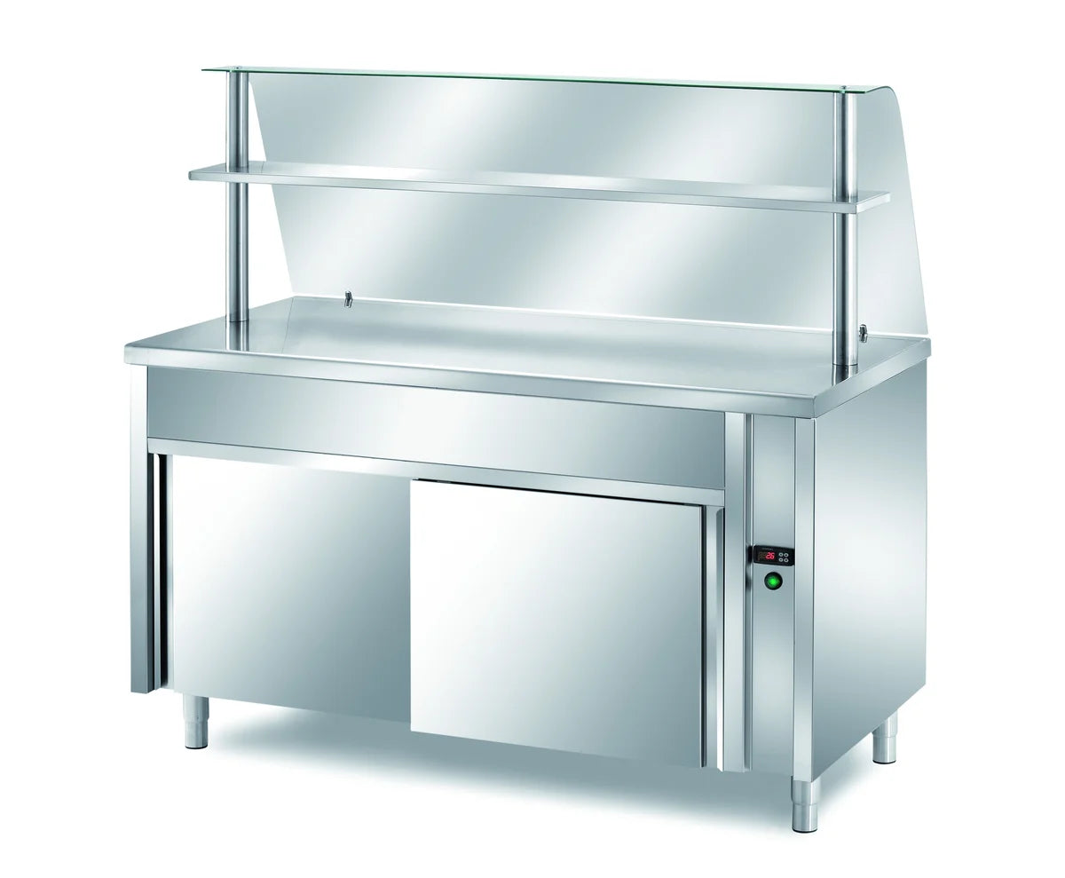 Table de maintien au chaud en libre-service PROFI neutre avec portes coulissantes, plateau supérieur chauffant et rehausse vitrée 1200x700x1400