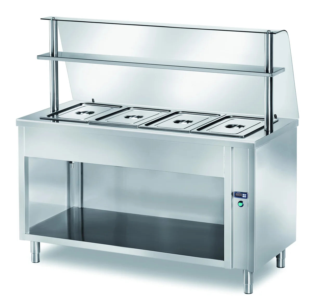 Table chaude de distribution PROFI ouverte avec pare-haleine en verre 900x700x1400 - 2x GN 1/1