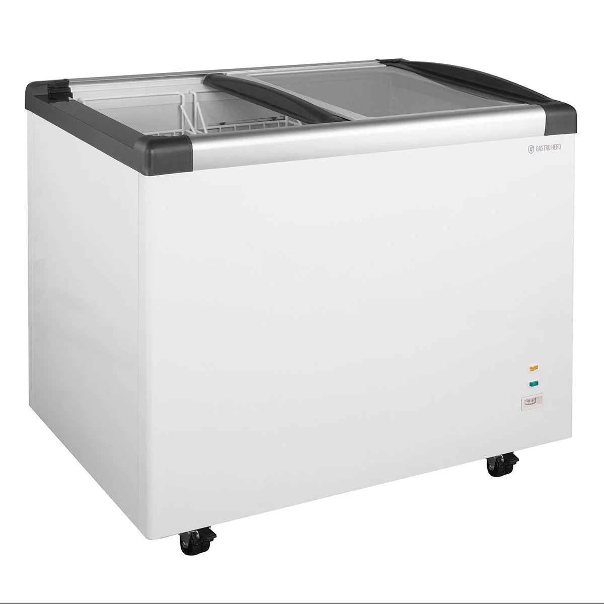 Congélateur coffre ECO 350 avec couvercle coulissant en verre, 4 roulettes
