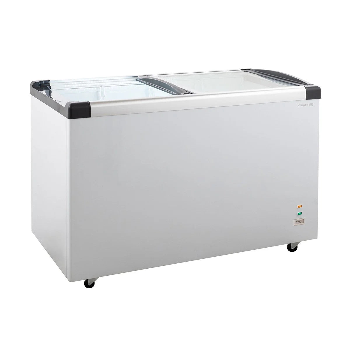 Congélateur coffre ECO 450 avec couvercle coulissant en verre, 4 roulettes