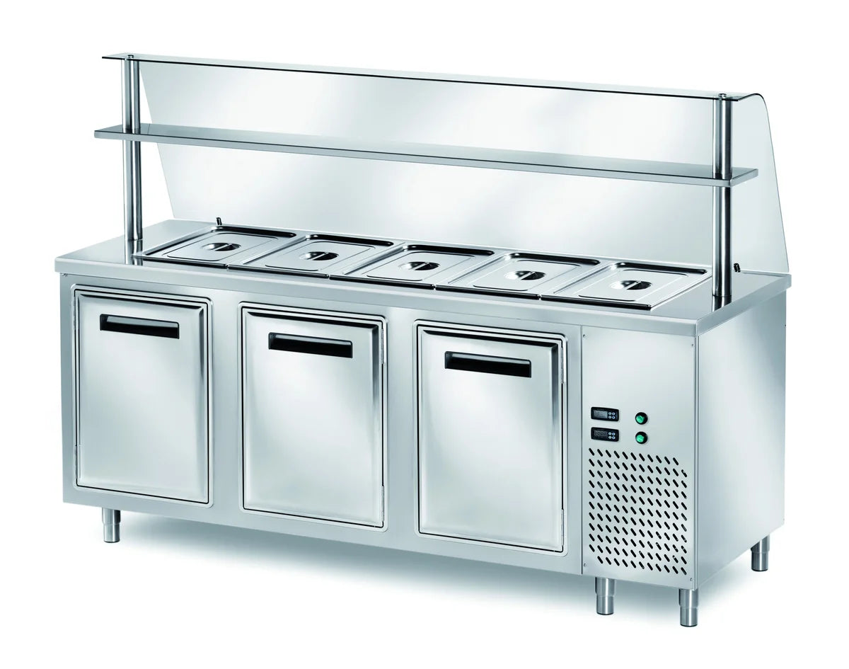 Table réfrigérée libre-service PROFI réfrigérée B200 avec portes battantes et rehausse vitrée 2000x700x1400 - 5x GN 1/1
