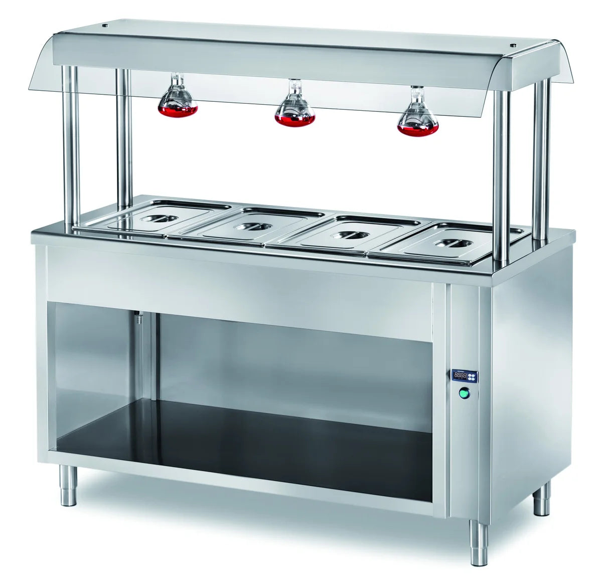 Îlot de buffet chauffant PROFI ouvert avec pare-haleine et lampes chauffantes 1500x700x1500 - 4x GN1/1