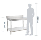 Table de travail en inox Basique 10x6 avec étagère inférieure et dosseret, à monter soi-même