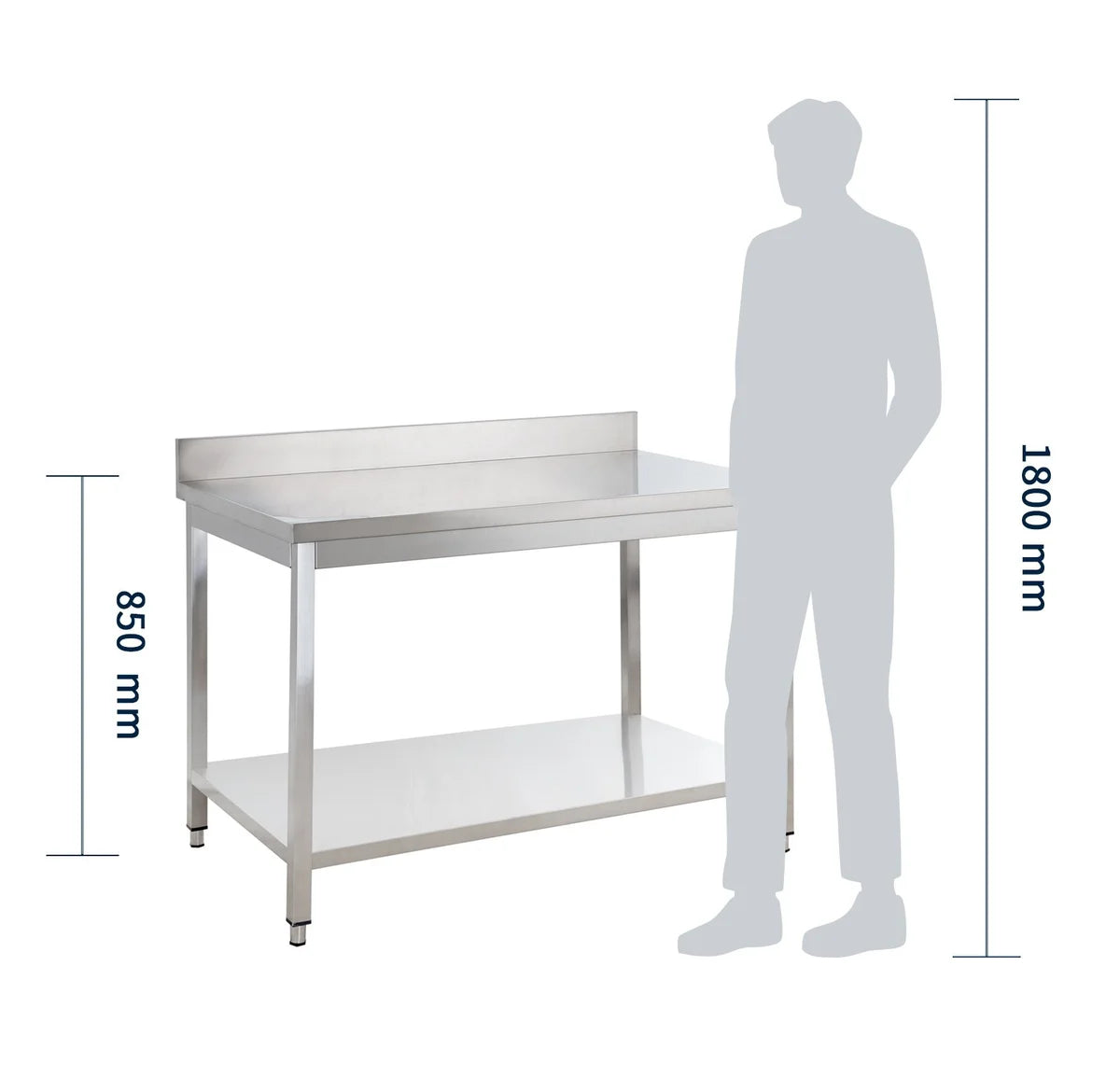 Table de travail en inox Basique 12x6 avec étagère inférieure et dosseret, à monter soi-même