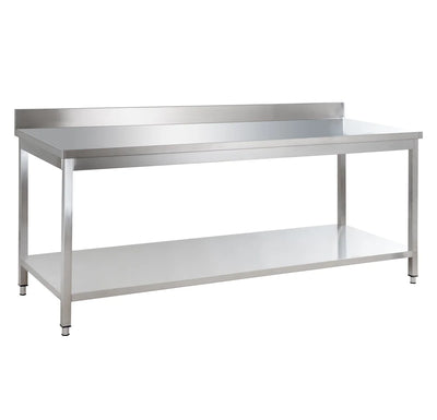 
Table de travail en inox Basique 18x7 avec étagère inférieure et dosseret, à monter soi-même