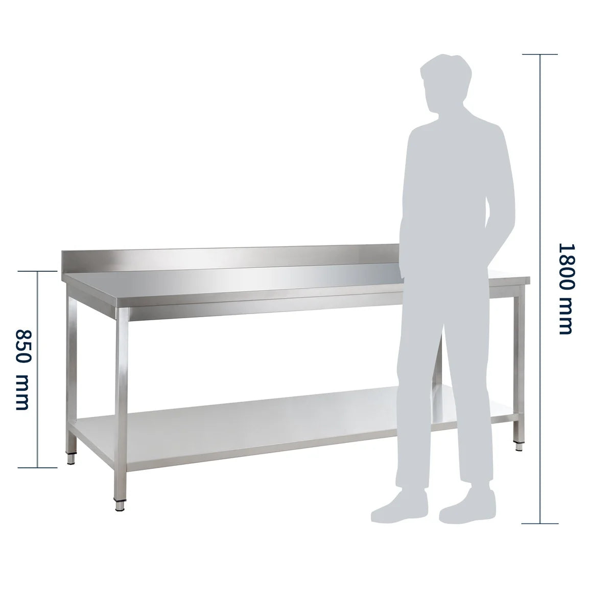 Table de travail en inox Basique 18x7 avec étagère inférieure et dosseret, à monter soi-même