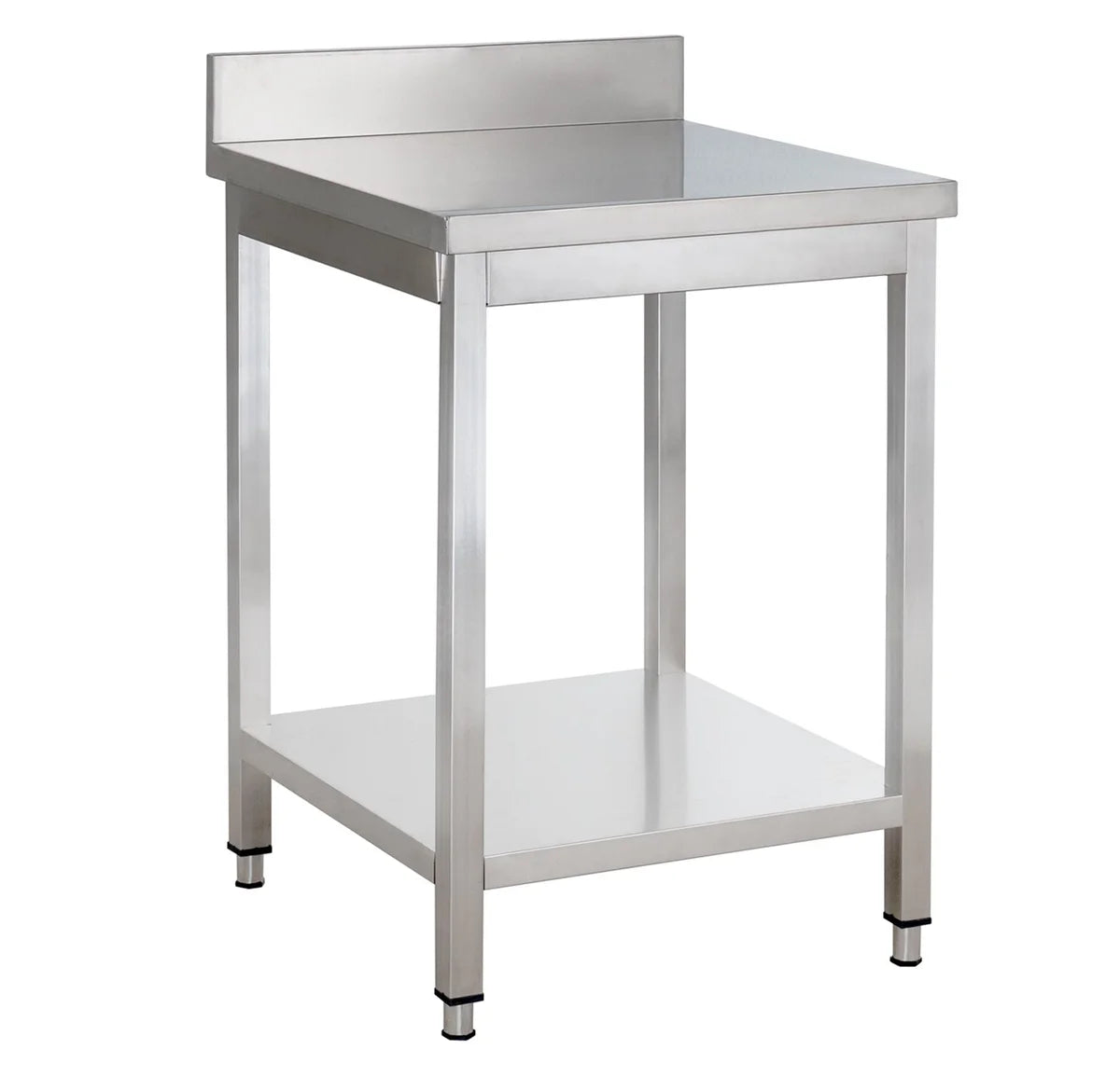 Table de travail en inox Basique 7x7 avec étagère inférieure et dosseret, à monter soi-même