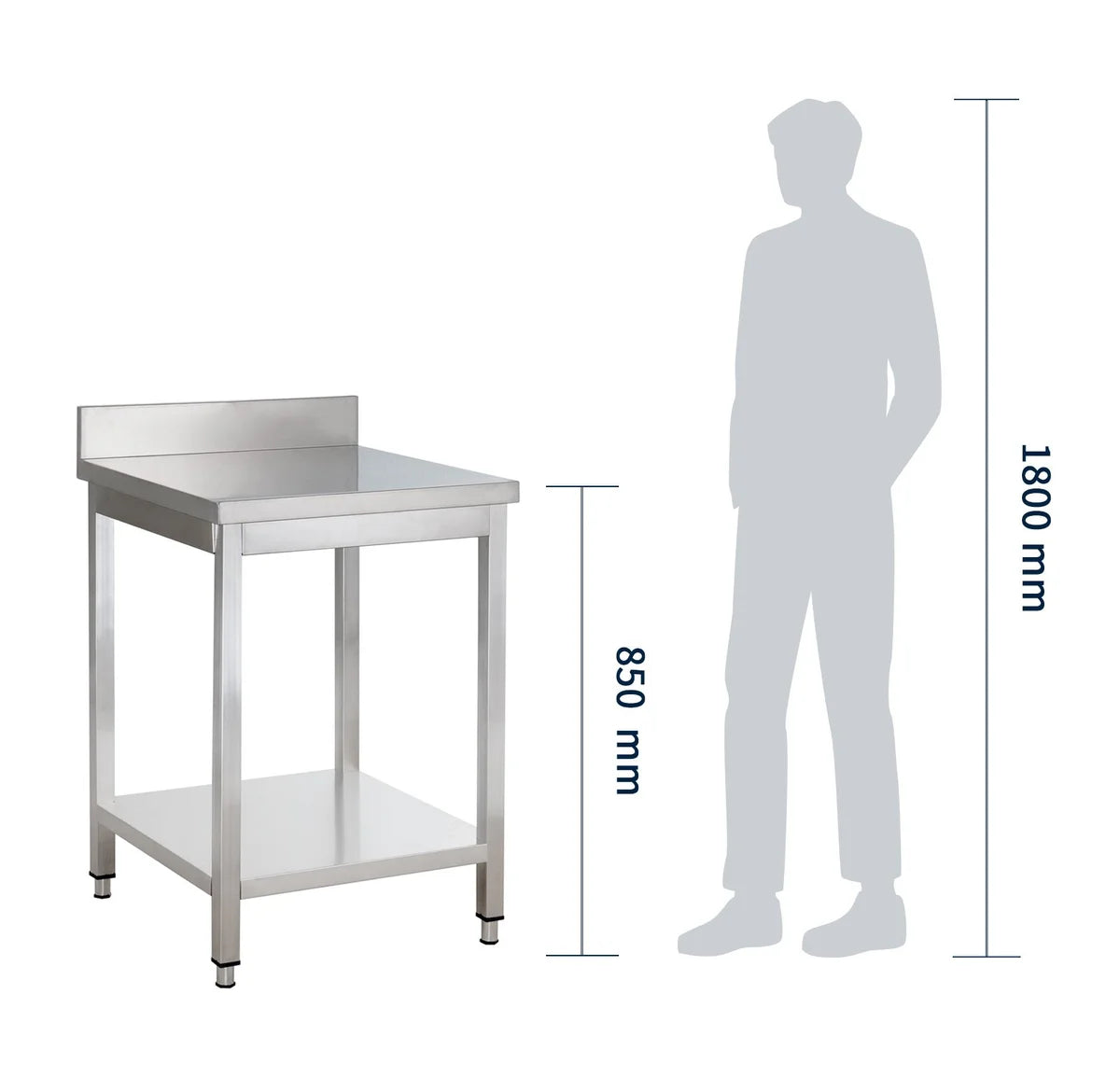 Table de travail en inox Basique 8x7 avec étagère inférieure et dosseret, à monter soi-même