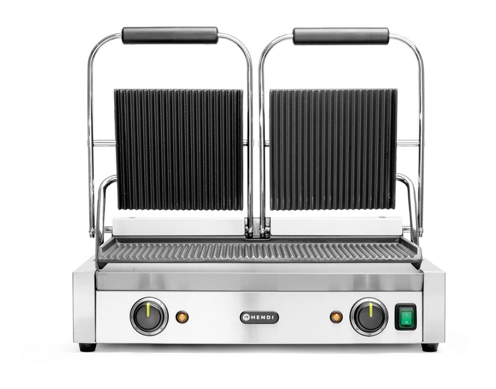 Grill de contact - modèle double, HENDI, dessus et dessous rainurés, 230V/3600W, 570x395x(H)510mm