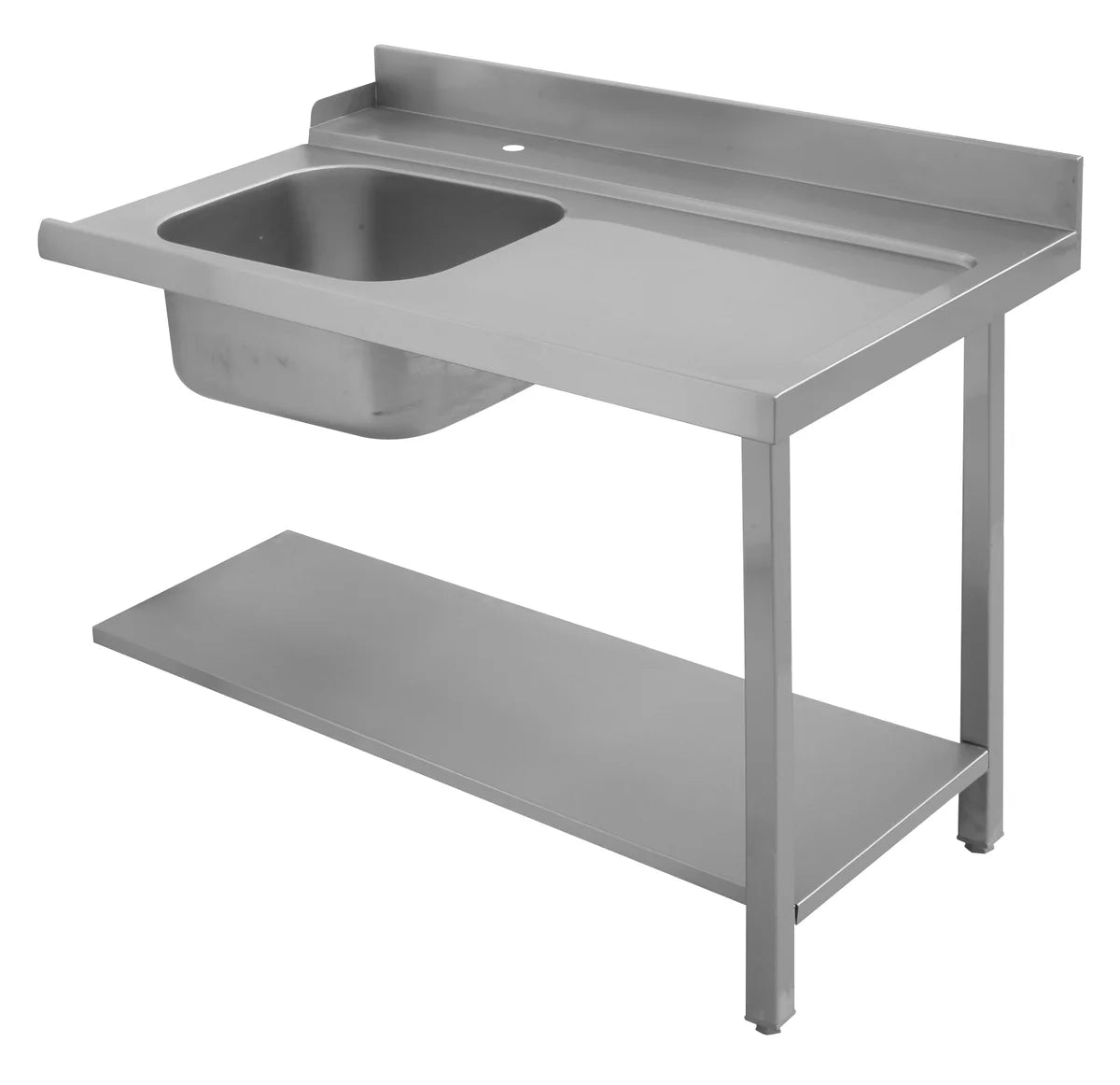Table d’entrée avec bac et dosseret pour lave-vaisselle à convoyeur de paniers avec entrée à droite 150 x 70 x 85 cm