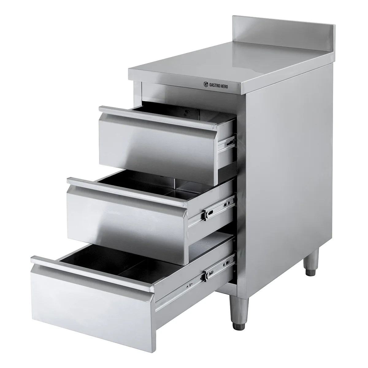 Meuble à tiroirs en inox BASIC, 3 tiroirs, unité 600 avec dosseret, AISI 201