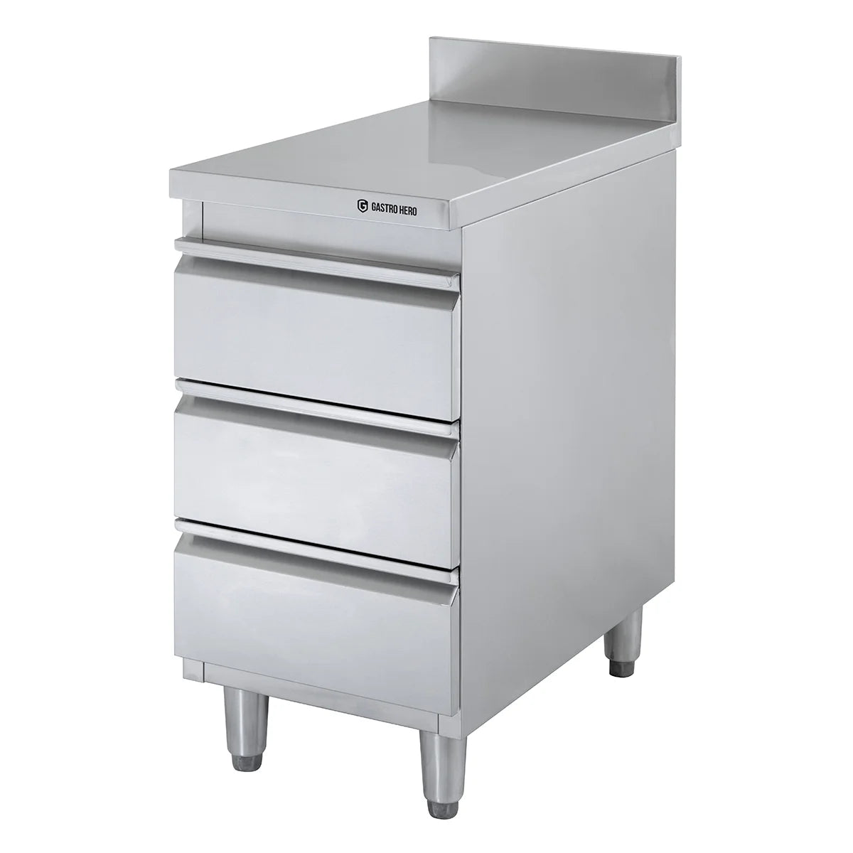 Meuble à tiroirs en acier inoxydable BASIC, 3 tiroirs, unité 700 avec dosseret, AISI 201