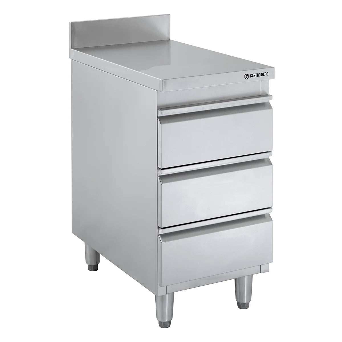 Meuble à tiroirs en acier inoxydable BASIC, 3 tiroirs, unité 700 avec dosseret, AISI 201