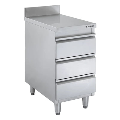 
Meuble à tiroirs en acier inoxydable BASIC, 3 tiroirs, unité 700 avec dosseret, AISI 201