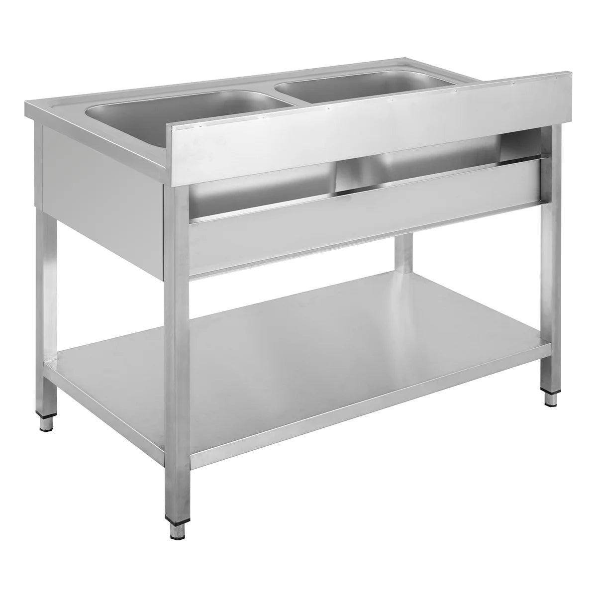 Table de lavage Basic 12x6 avec 2 cuves, dosseret et étagère inférieure