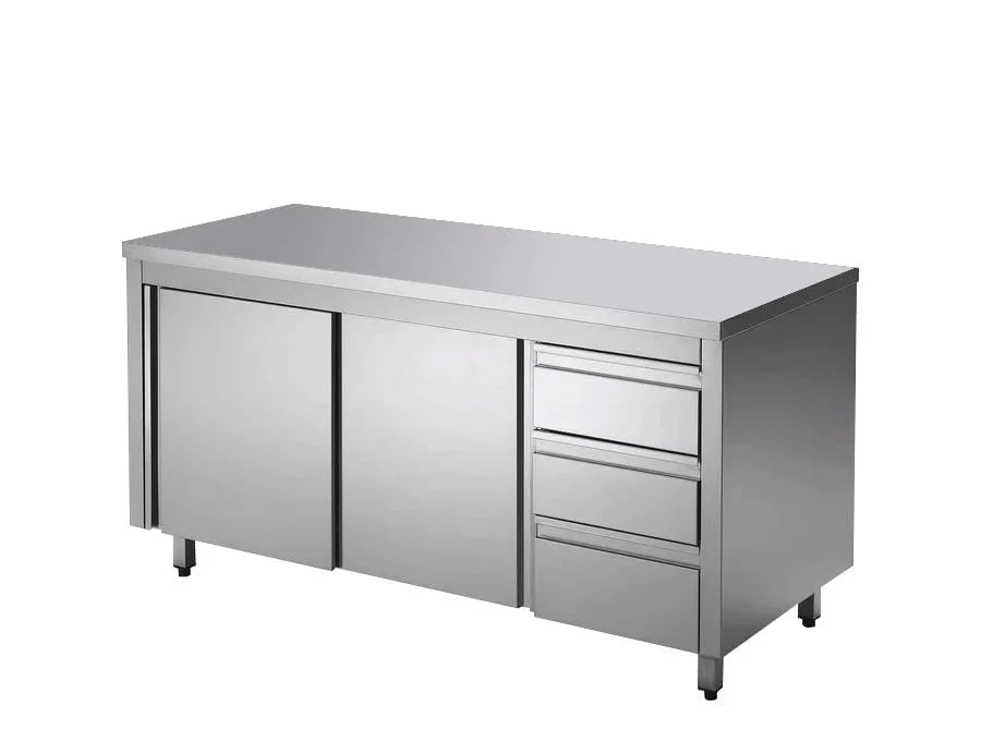 Meuble bas en inox ECO avec portes coulissantes et 3 tiroirs 18x6