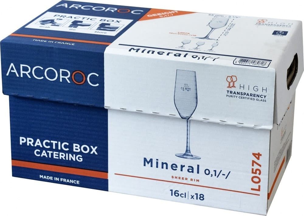 Verre à champagne Arcoroc Mineral, 16 cl avec ligne de remplissage à 0,1 l, boîte traiteur de 18 pièces