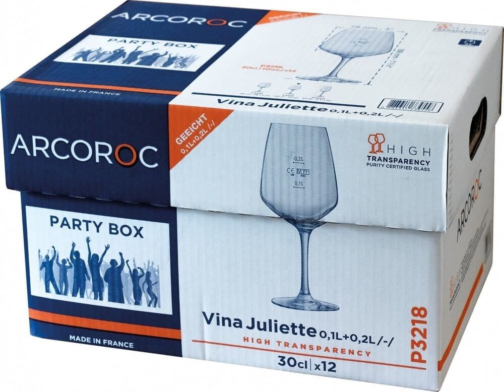 Verre à vin Arcoroc V. Juliette, 30 cl avec repères de remplissage à 0,1 et 0.2 l, Party Box de 12 pièces