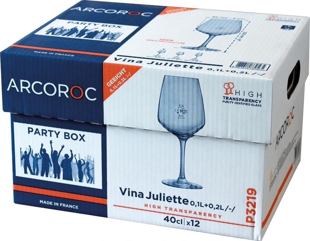 Verre à vin Arcoroc V. Juliette, 40 cl avec repères de remplissage à 0,1 et 0.2 l, Party Box de 12 pièces