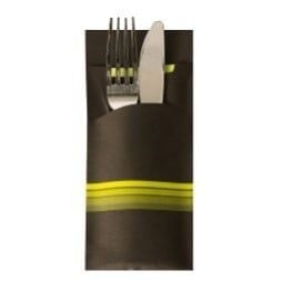 Pochette à couverts Papstar Stripes - noir/citron vert, serviette de couleur incluse