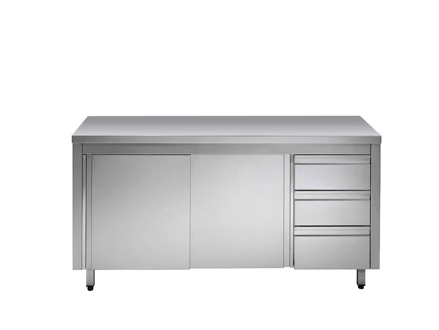 Meuble bas en inox ECO avec portes coulissantes et 3 tiroirs 18x6