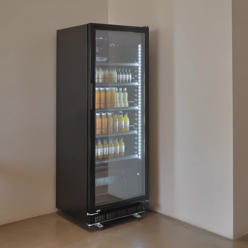Armoire à boissons GK-360BB, volume utile 360 Litres, 4 clayettes réglables, éclairage intérieur, verrouillable, noir