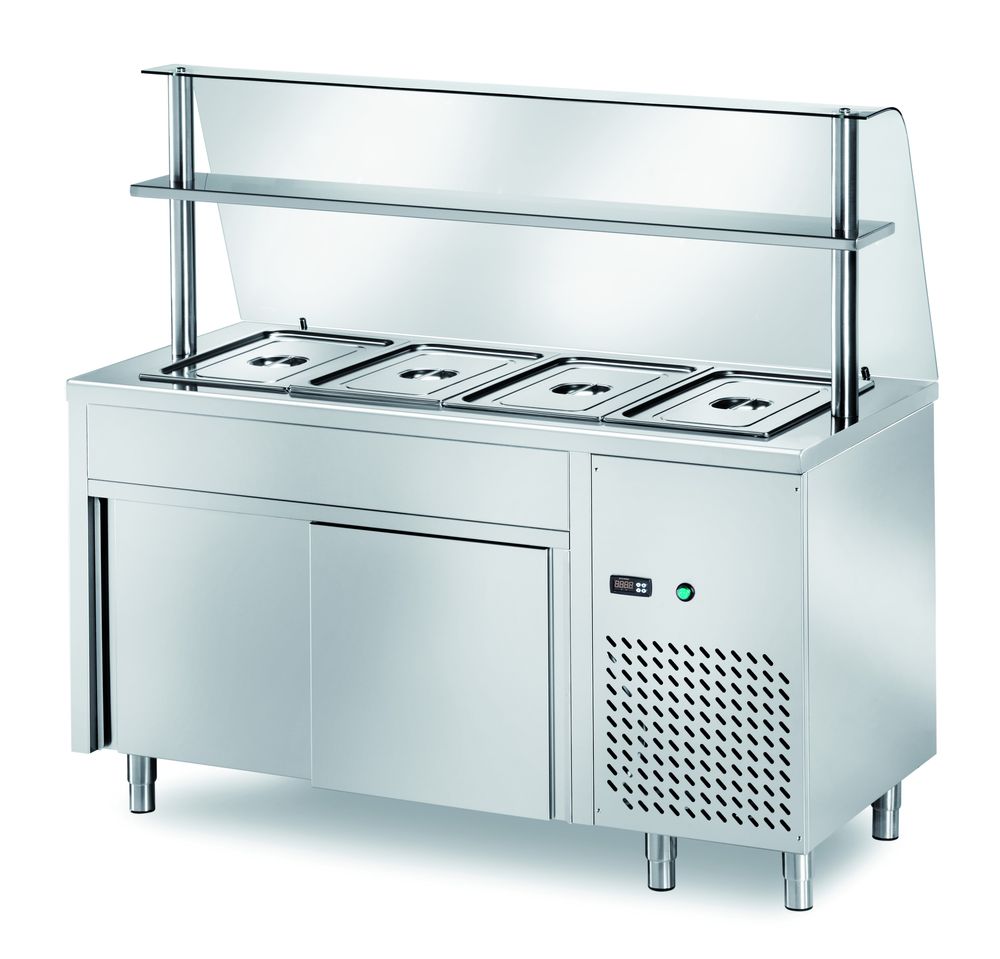 Table réfrigérée de distribution PROFI neutre avec portes coulissantes et structure en verre 1200x700x1400 – 3x GN 1/1